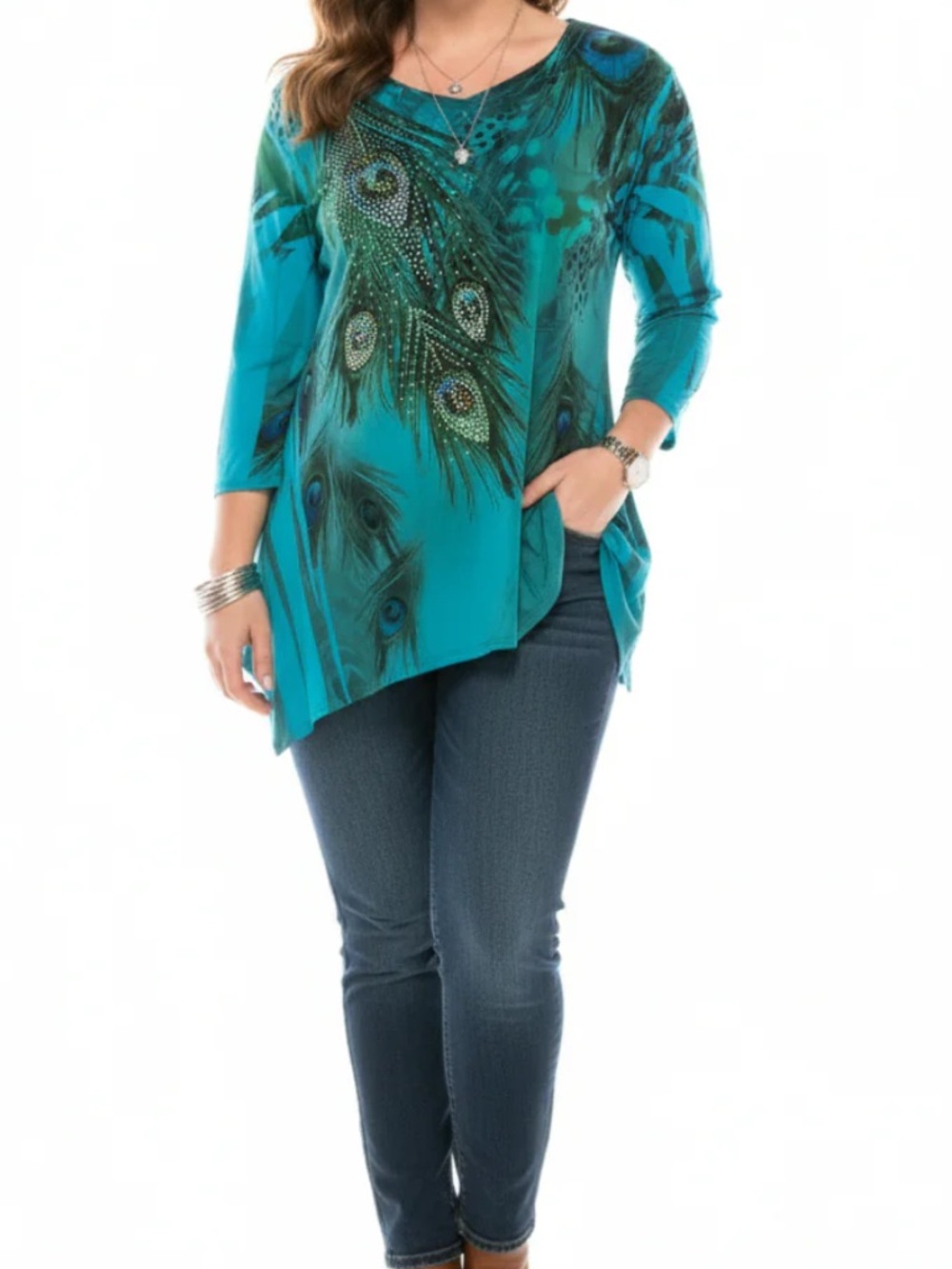Teal Peacock-Print Asymmetrical Tunic
